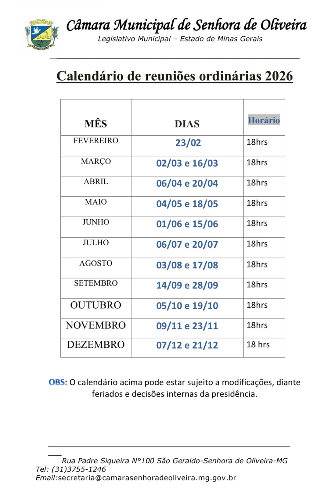 Calendário reuniões ordinárias2026 Câmara Municipal de Câmara Municipal de Senhora de Oliveira